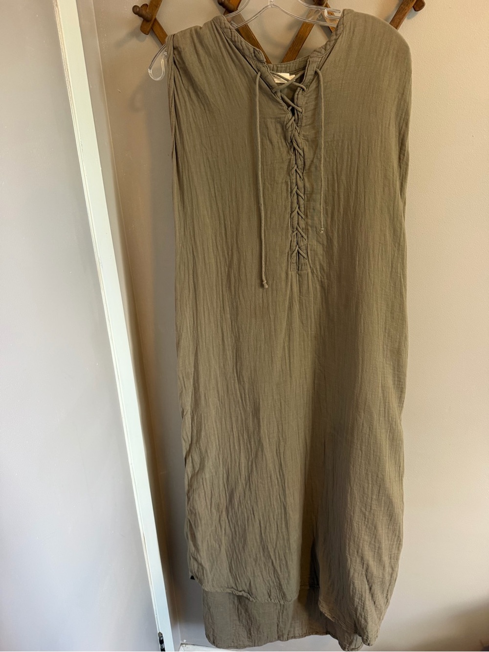 Rabens Saloner Olive Green Cotton Gauze Lace Up Maxi Dress L